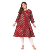 Maroon capsule material floral print princess cut kurti for women's office wear, closed slits and 3/4th sleeves